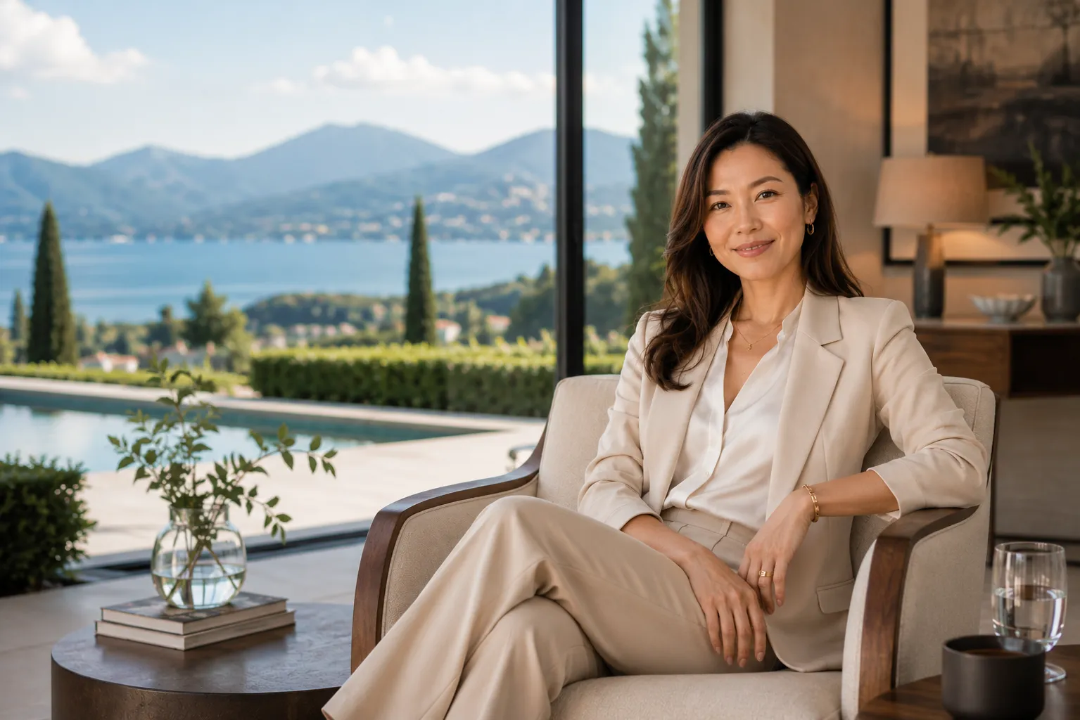Michele Guan seated in a living room overlooking a lake