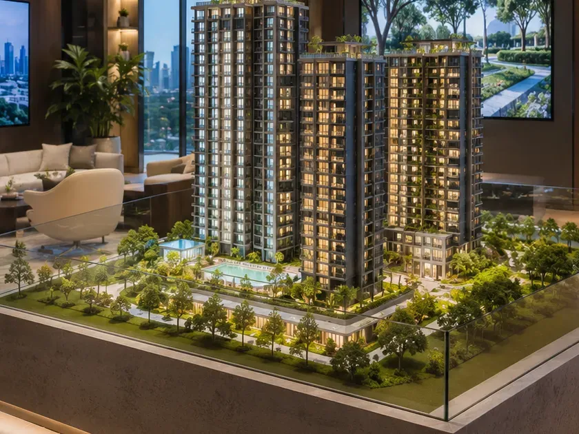 Scale model of a two-tower development in a showflat