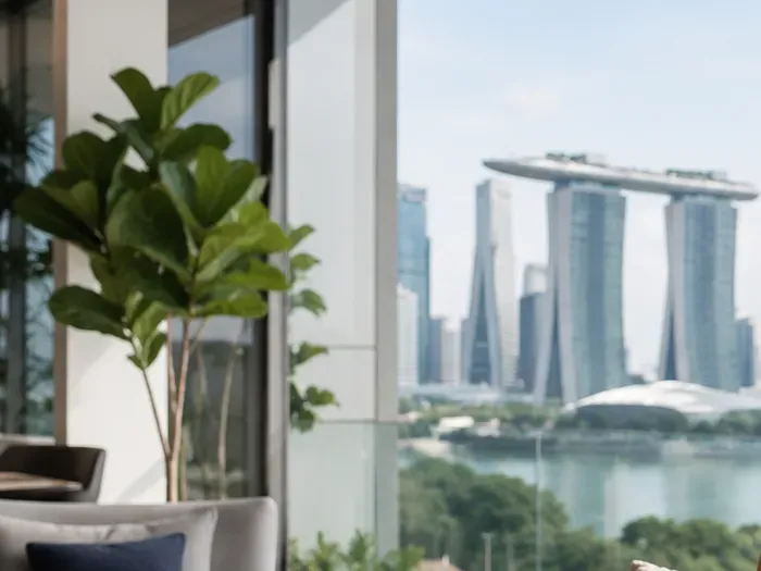 Living room with a window view across Marina Bay