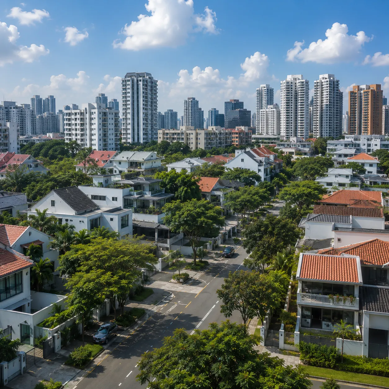 Aerial view of a Singapore neighbourhood — landed houses with condominium towers behind