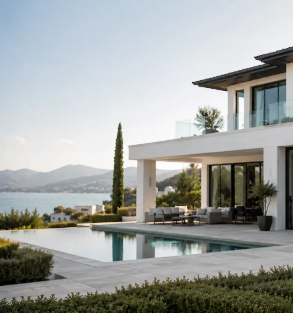White two-storey detached house with a pool terrace