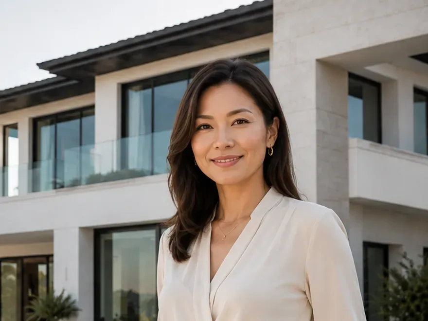 Michele Guan standing outside a modern house