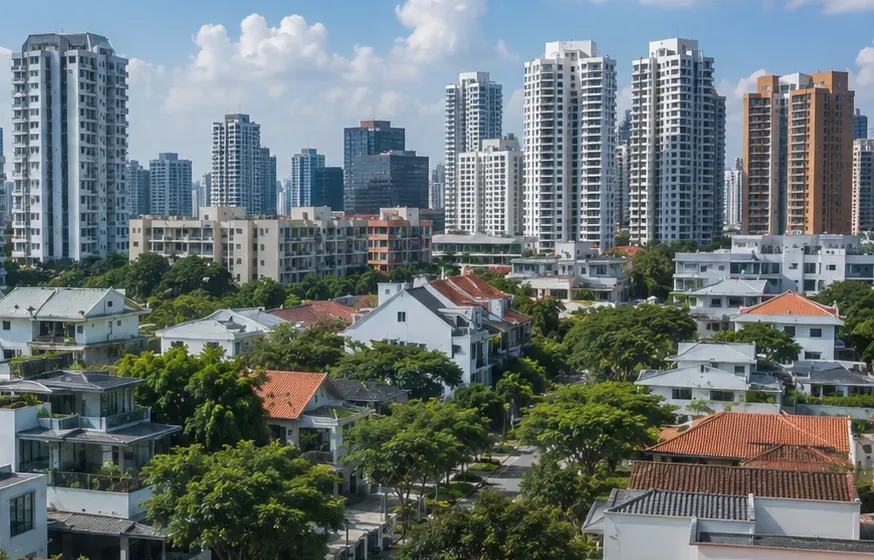 Condominium towers rising behind low-rise houses