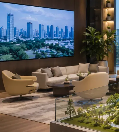 Showflat lounge with sofas and a wall of screens