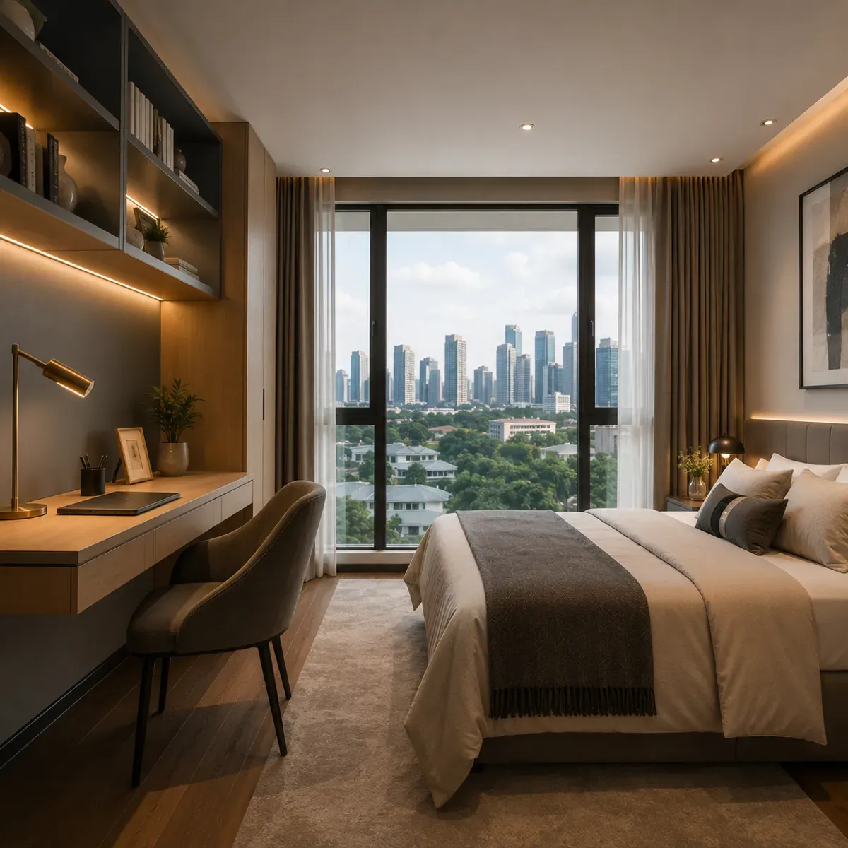 Bedroom with a built-in desk and a window over the city
